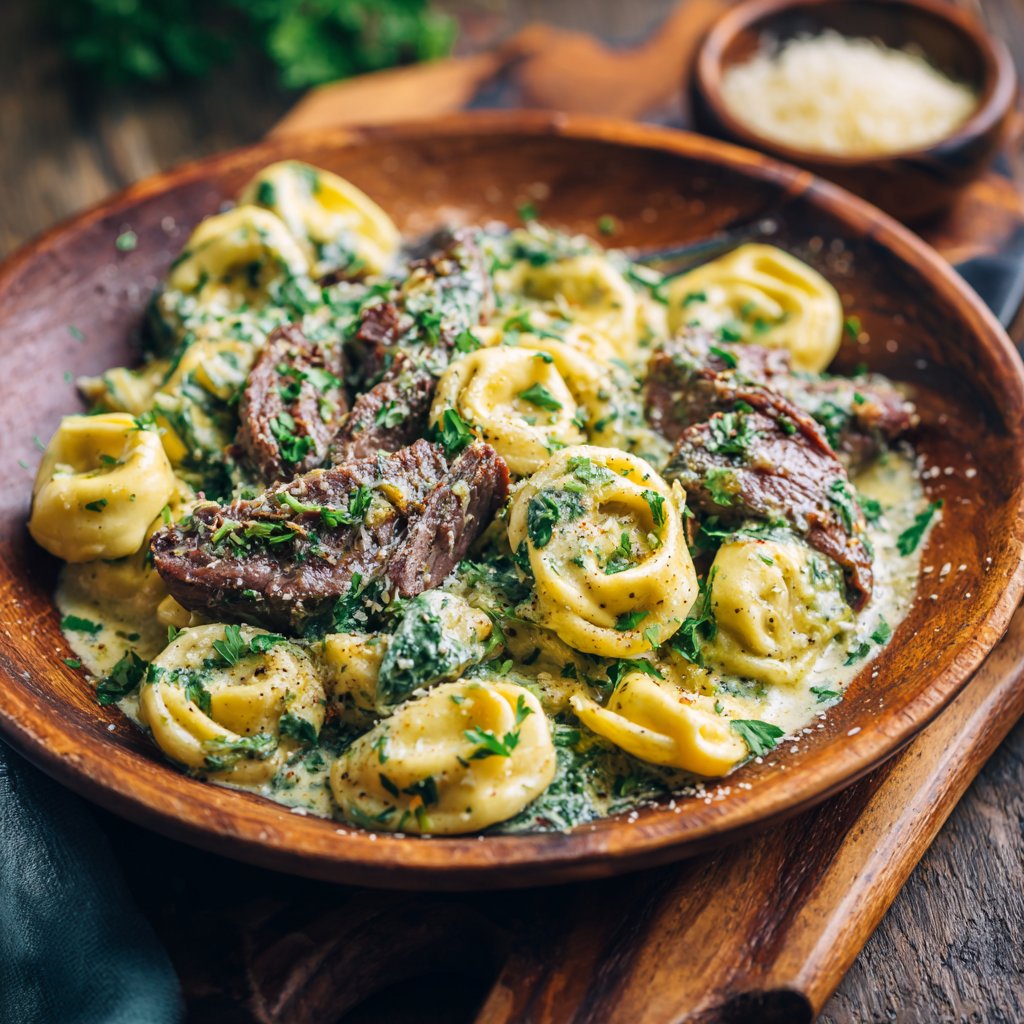 Garlic Steak Tortellini with Creamy Spinach Artichoke Sauce